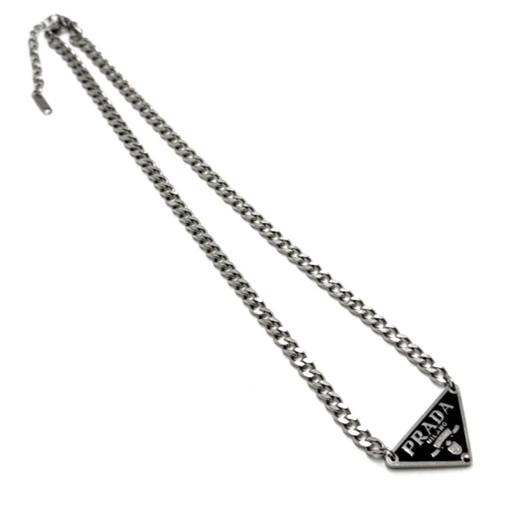 PRADA Milano Silver Tone Triangle Logo Necklace K18 Curb Chain Repurposed Charm